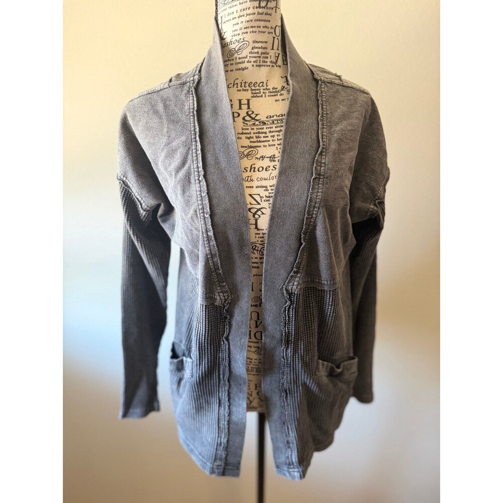 Leo & Nicole Waffle Knit Mixed Media Open Cardigan Gray Medium